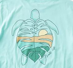 a t - shirt with a sea turtle on it's chest and palm leaves in the back