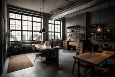 an industrial style office with large windows and wooden desks in the middle of the room