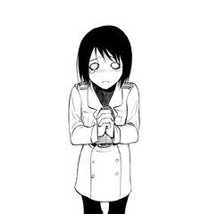 an anime character is standing with her hands folded over her chest and looking down at the ground