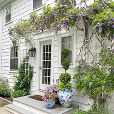 a white house with purple flowers and potted plants