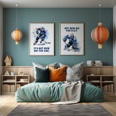 a bedroom with two posters on the wall and a bed in front of it that is made to look like an ice hockey player