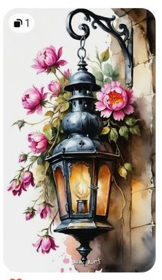 a painting of a lamp post with flowers on the wall and one light hanging from it's side