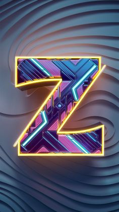 the letter z is made up of neon lights and wavy lines on a blue background