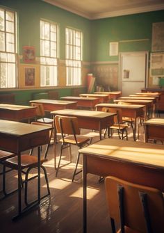 an empty classroom with wooden desks and green walls, sunlight streaming through the windows