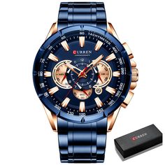 Color: Rose Gold Blue Box Mens Casual Watches, Mens Watch Brands, Wristwatch Fashion, Mens Sport Watches, Military Watches, Waterproof Watch, Sports Watch, Men's Watches, Stainless Steel Band