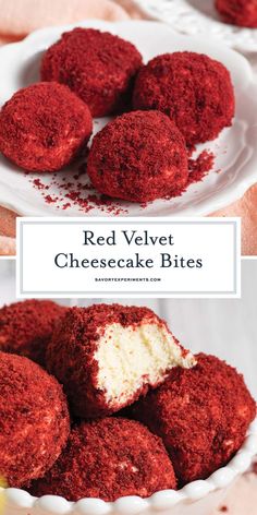 red velvet cheesecake bites on a white plate