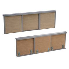 two metal and wood wall mounted cabinets with sliding doors on each side, one closed and the other closed