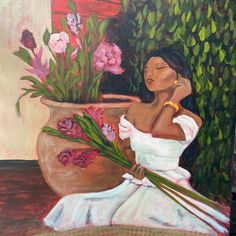 a painting of a woman sitting in front of a potted plant with pink flowers