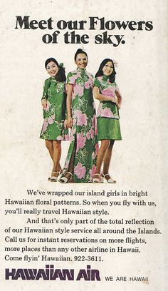 an advertisement for hawaiian air featuring three women in green dresses with pink flowers on them