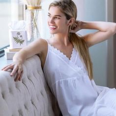 Cara White Cotton Nightgown – The Well Appointed House Feminine V-neck Sleepwear For Lounging, Summer V-neck Nightgown With Delicate Lace, Feminine V-neck Nightgown With Lace Trim, White Lace Trim Sleepwear For Lounging, V-neck Nightgown With Lace Trim For Sleepover, V-neck Nightgown With Lace Trim, Summer Camisole Nightgown With Lace Trim, Feminine V-neck Lounging Sleepwear, Lace Sleepwear With Delicate Straps And V-neck