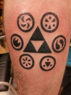 a man with a tattoo on his leg that has four wheel wheels and symbols in the middle