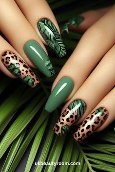 Leopard Nail Designs, Cheetah Nail Designs, Tropical Nails, Leopard Print Nails, Daisy Nails, Green Nail, Leopard Nails, Diy Nail Designs, Beach Nails