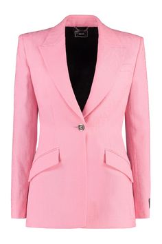 1PN50 VERSACE WOOL SINGLE-BREASTED BLAZER Versace Blazer, Versace Pink, Professional Attire, Single Breasted Jacket, Tailored Trousers, Polished Look, Lapel Collar, Denim Top, Blazers For Women