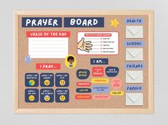 a bulletin board with stickers on it that says prayer board versus of the day