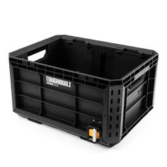 a black plastic crate with wheels and handles on the bottom is shown in front of a white background