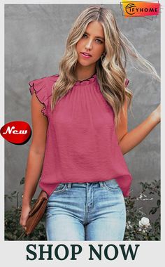 Rose Contrast Trim Ruffled Crew Neck Sleeveless Top Pink Sleeveless Top With Ruffles, Sleeveless Pink Ruffle Top, Casual Pink Sleeveless Blouse, Pink Tank Blouse For Spring, Chic Pink Ruffled Tank Top, Sleeveless Pink Blouse For Spring, Feminine Pink Tank Blouse, Pink Feminine Tank Blouse, Chic Pink Tank Blouse