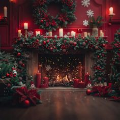 a fireplace decorated for christmas with candles and wreaths