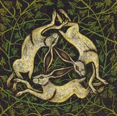 two rabbits are in the middle of a circle surrounded by green leaves and branches, with one rabbit holding another animal's tail