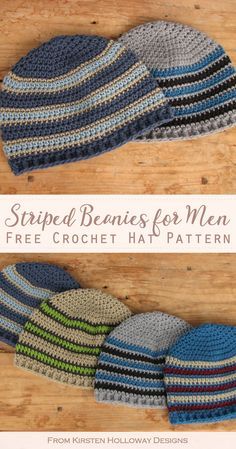 three crocheted hats with text that reads, striped beanies for men free crochet hat pattern