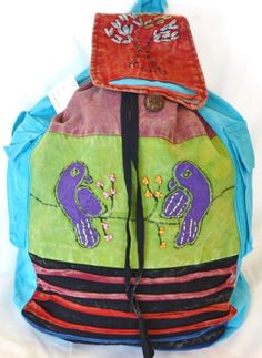 Cotton Backpack, Green Bird, Green Blue Purple, Turquoise Green, Grey Cotton, Beautiful Bags, Blue Purple, Nepal, Different Styles