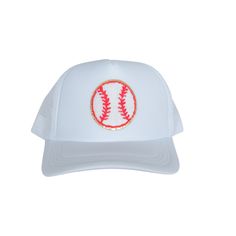 Baseball fans! Sport your love for baseball with our chenille patch baseball hat🧢!  This custom trucker hat features a genuine chenille baseball patch ironed on with industrial grade heat to ensure a secure bond.  The trucker hat is a high quality, mid profile, 5-panel hat with a built in sweat band.  The fit is perfect for men or women, yet it still fits women well & is not too big, bulky, and is not high sitting on the head.  This is a great gift for a baseball lover, baseball mom, and a perf Trucker Dad Hat With Curved Bill For Baseball Season, White Flat Bill Trucker Hat For Baseball Season, White Baseball Cap With Curved Bill And Pre-shrunk, White Pre-shrunk Baseball Cap With Curved Bill, White Baseball Cap With Curved Bill, White Curved Bill Trucker Hat For Baseball Season, Collegiate Snapback Baseball Cap, Sporty Adjustable Trucker Hat With Logo Patch, White Snapback Hat With Curved Bill For Baseball Season