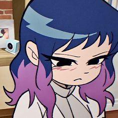 a cartoon girl with purple hair and blue eyes looking at something in front of her