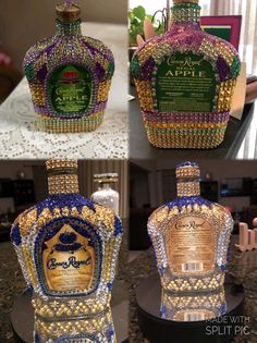 three different views of the same bottle, one with gold and blue decorations on it