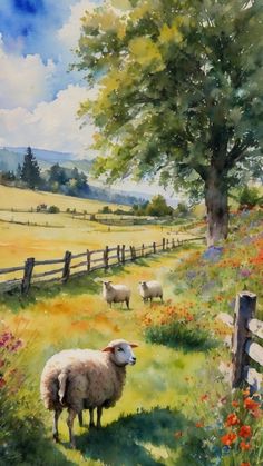 a painting of some sheep in a field by a tree and fence with wildflowers