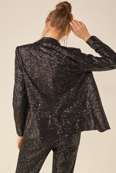 Sequin Blazer Lined Color: Black Black Party Season Blazer For Work, Black Blazer For Party Season Workwear, Holiday Party Black Blazer, Glamorous Black Sequined Blazer, Black Holiday Evening Blazer, Glamorous Black Blazer For Party, Glamorous Black Party Season Blazer, Black Blazer For Evening And Holiday, Holiday Evening Black Blazer