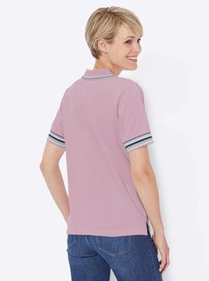 Casual look in gentle pique fabric! Polo shirt with contrasting stripes on the collar, short button panel, and short sleeves. Side vents. Length approx. 26 inches (misses) 95% cotton, 5% elastane. Machine washable. Imported. Classic Short Sleeve Polo Shirt With Striped Collar, Striped Short Sleeve Polo Shirt With Ribbed Collar, Striped Polo Shirt With Ribbed Collar, Short Sleeve Polo Shirt With Contrast Stripes For Workwear, Cotton T-shirt With Striped Collar, Workwear Polo Shirt With Contrast Collar, Workwear Polo Shirt With Contrast Collar And Short Sleeves, Sporty Tops With Contrast Trim And Collared Neckline, Classic Short Sleeve Tops With Striped Hem