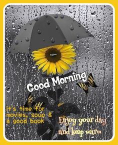 a yellow and black sunflower sitting on top of a rain soaked umbrella with the words good morning