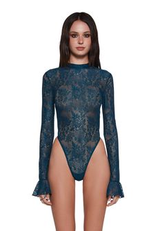 Floral Lace Bodysuit Current Mood - Dark Blue Stretch Lace Long Sleeve Bodysuit, Fitted Long Sleeve Bodysuit With Ruffles, Fitted Long Sleeve Lace Bodysuit, Mood Dark, Current Mood Clothing, Mock Neckline, Current Mood, Lace Bodysuit, Winter Months