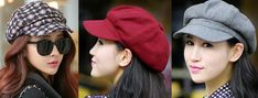 three pictures of women wearing hats and sunglasses, one with the same hat on it