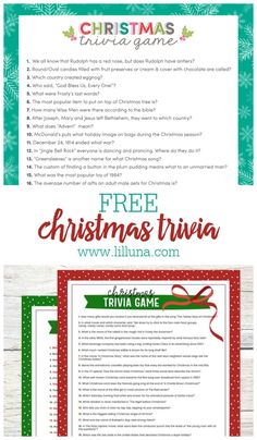 a christmas trivia game with the words, free christmas trivia and an image of a