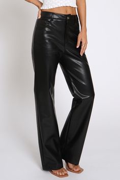 DetailsBlack faux leather straight leg pants featuring pockets, zipper front, and button closure.Content + Care-50% Polyurethane 50% Cotton Faux Leather Straight Leg Pants, Basic Streetwear, Romper And Jacket, Black And Beige, Blazer With Jeans, Faux Leather Pants, Romper Dress, Women Set, White Maxi Dresses