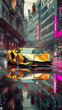 a yellow and black sports car parked in the rain