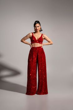 LIZA Sequin Pant Set in RUBY Holiday Wide-leg Sequined Bottoms, High-waist Sequin Summer Pants, Elegant Sequined Wide-leg Pants, Glamorous Wide-leg Bottoms With Contrast Sequin, Festive Wide-leg Sequin Pants, Sequin Bra Top, Sequin Bra, Sequin Pant, Sequin Pants