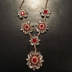 Gold Tone Necklace With Red And White Gem Stones. Red Costume Jewelry Necklaces For Party, Red Long Necklace For Party, Elegant Red Jeweled Necklace, Festive Red Jeweled Necklaces, Festive Red Jeweled Necklace, Cabin Door, Monet Jewelry, Gem Stones, Gold Tone Necklace