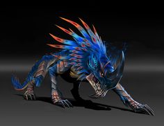 a blue and red dragon is standing on its hind legs