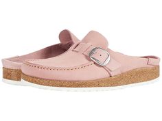 Birkenstock Buckley - Women's Clog Shoes : Embossed Soft Pink Nubuck : Please be advised that the Birkenstock® Narrow width can accommodate both traditional narrow and medium widths. Make it a long relaxing weekend in the Birkenstock Buckley slide. Rich suede uppers with a moc toe and a decorative strap and buckle at instep. Decorative strap and buckle. Breathable leather linings. Cushioned and contoured leather-lined footbed. Shock-absorbing cork midsole. Durable EVA outsole. Made in Germany. M Casual Clogs With Stitched Sole For Workwear, Spring Leather Clogs With Cork-bed Midsoles, Birkenstock Buckley, Relaxing Weekend, Clog Shoes, Birkenstock Women, Shoes Soft, Pink Clay, Clogs Shoes