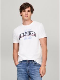 Tommy Hilfiger men's T-shirt. Made from lightweight cotton jersey, known for its breathability and stretch, our comfortable crewneck tee is cut in an easy fit and finished with our Hilfiger graphic.  Material: 100% Cotton. Grey Denim Shirt, Denim Shirt Men, Mens Graphic T, Mens Scarves, Tommy Hilfiger Man, Scarf Men, Grey Denim, Suit Accessories, Rugby Shirt