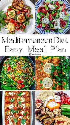 the mediterranean diet easy meal plan is shown with pictures of different foods and vegetables on it