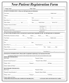 the new patient registration form is shown in black and white, as well as an image of