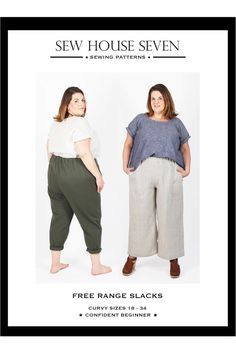 the sew house seven sewing pattern features two women wearing wide legged pants and cropped tops