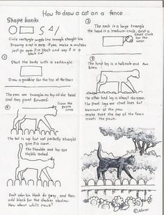 a page with instructions for how to draw a cat on a fence and other animals