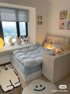 a bed room with a neatly made bed next to a window and a rug on the floor