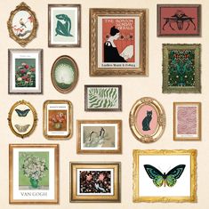 there are many framed pictures on the wall with butterflies and flowers in them, as well as butterfly images