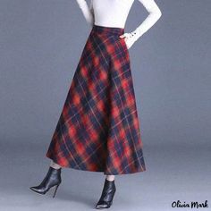 Olivia Mark - High-Waisted Plaid Midi Skirt with Flared Hem Black Denim Midi Skirt, Olive Green Midi Dress, Plaid Maxi Skirt, Plaid Midi Skirt, Stylish Midi Dress, Velvet Midi Skirt, Silk Evening Dress, Bodycon Midi Skirt, Swimwear High Waisted