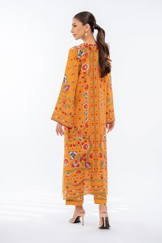 Daneen (A) Spring Vibrant Print Tunic, Spring Tunic With Vibrant Print, Long Sleeve Orange Kaftan For Spring, Orange Long Sleeve Kaftan For Spring, Orange Maxi Length Kaftan For Spring, Orange Long Sleeve Spring Kaftan, Spring Viscose Long Sleeve Kaftan, Long Sleeve Orange Tunic For Summer, Long Summer Dress With Digital Print