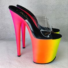 These Neon Ombr Heels Are Super Tall With A 4” Platform And An 8” Heel! They Are New But I Do Not Have The Original Box For Them. They Have A Clear Plastic Upper And Are A Size 5. Tags: Stripperwear, Stripper, Exotic Dancer, Pole Dancing, Hot Pink, Purple Rainbow Platform Heels With Round Toe, Rainbow Round Toe Platform Heels, Rainbow Open Toe Platform Heels, Yellow Platform Heels For Party, Yellow Platform High Heels, Neon Yellow Party Heels In Synthetic Material, Neon Yellow Fitted High Heels, Fitted Neon Yellow High Heels, Bold Orange Heels For Party